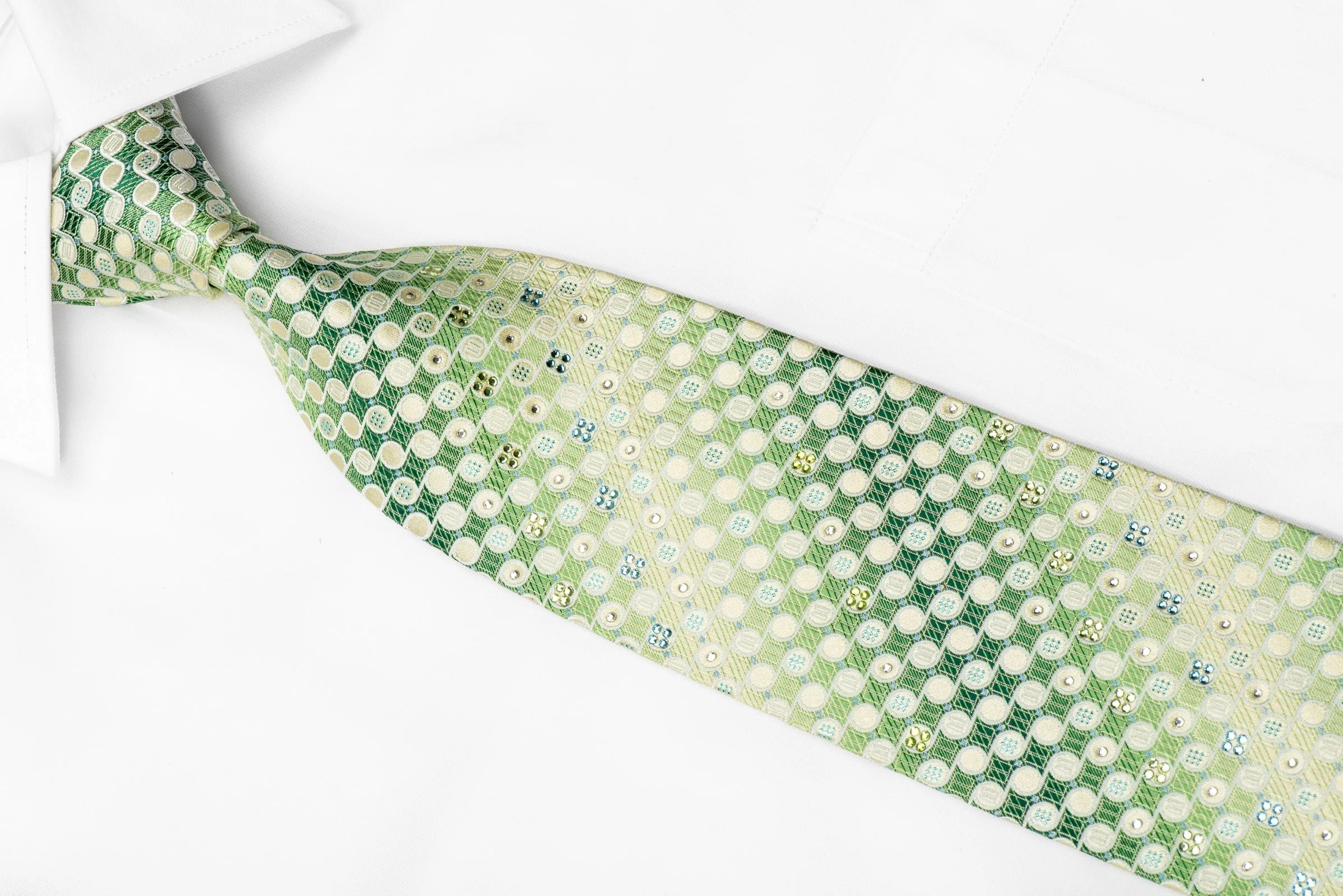 Daks Men's Woven Silk Crystal Tie Geometric Circles On Green With Blue Sparkles - Image 2