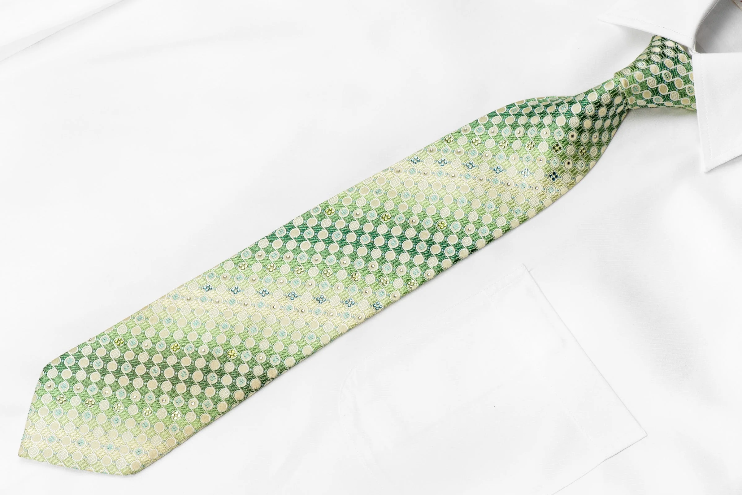 Daks Men's Woven Silk Crystal Tie Geometric Circles On Green With Blue Sparkles - Image 3