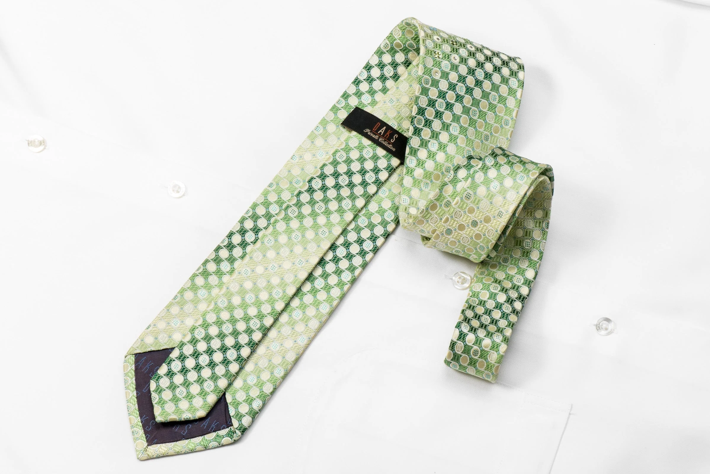 Daks Men's Woven Silk Crystal Tie Geometric Circles On Green With Blue Sparkles - Image 4