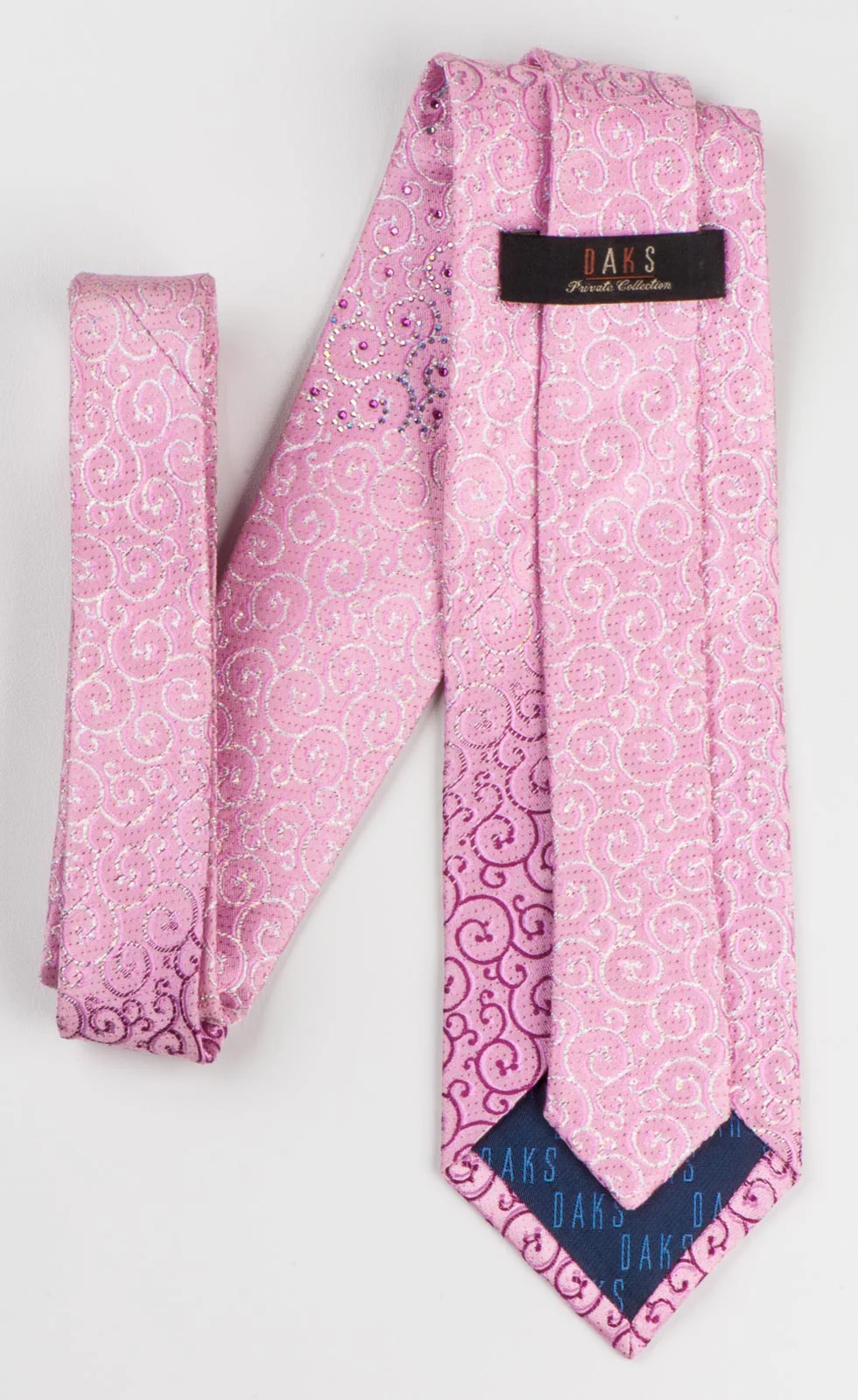 Daks Men's Woven Silk Rhinestone Tie Purple & White Scrolls On Pink With Silver Sparkles - Image 3