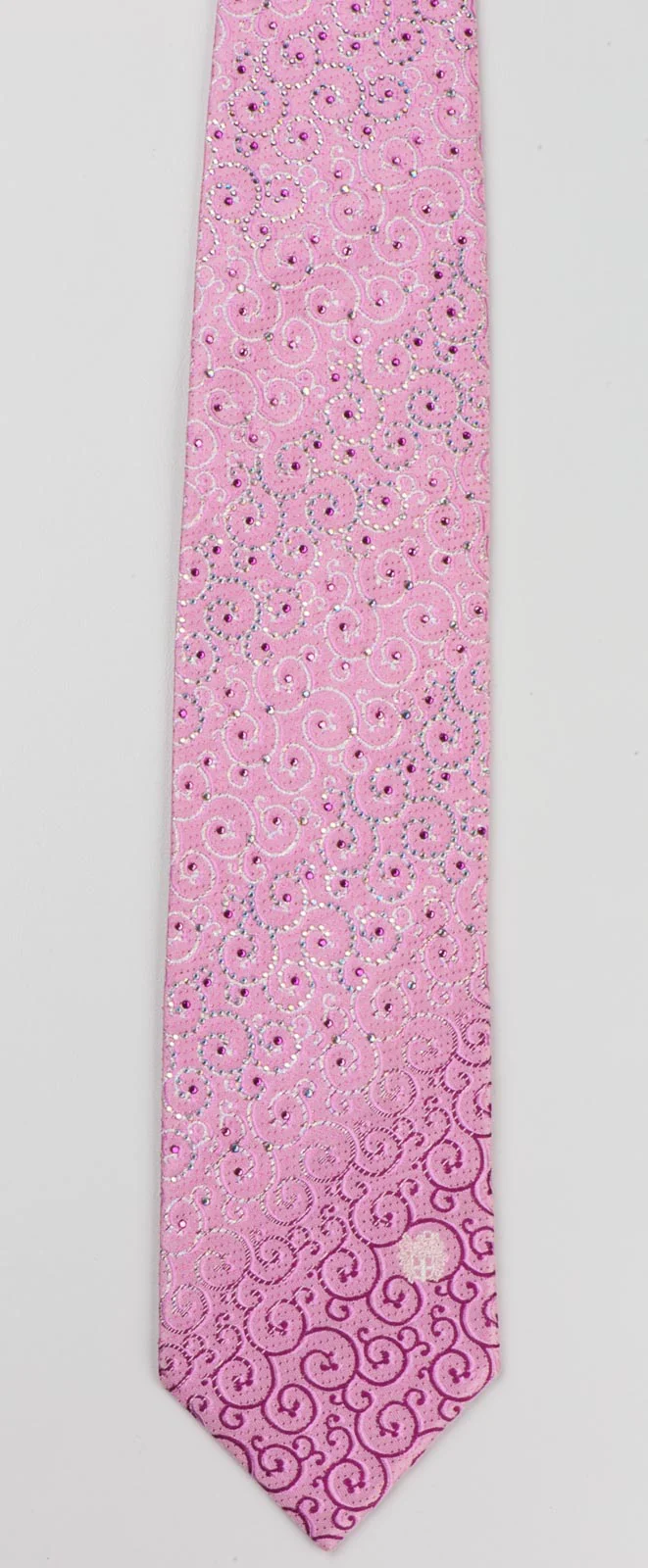 Daks Men's Woven Silk Rhinestone Tie Purple & White Scrolls On Pink With Silver Sparkles - Image 4