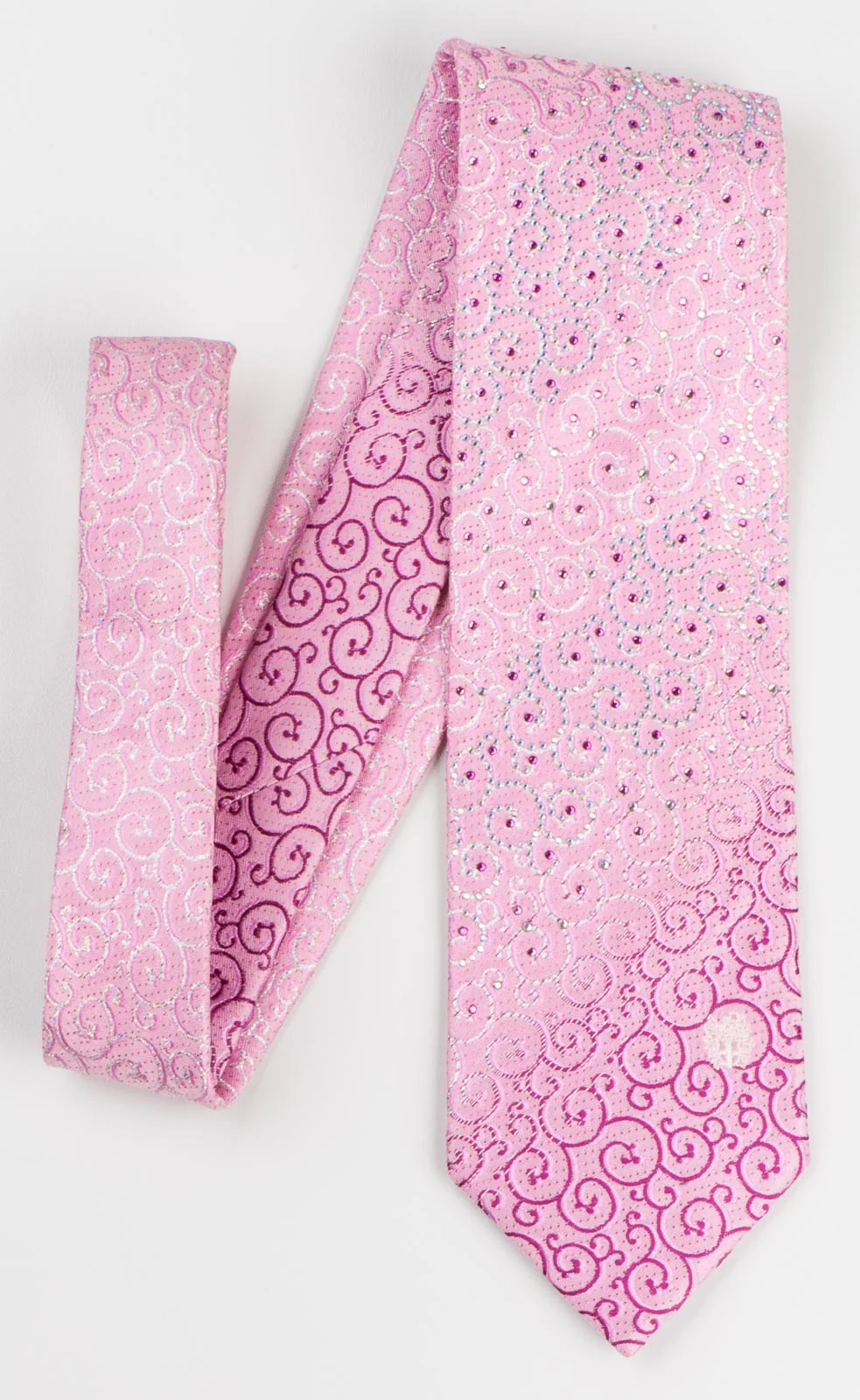 Daks Men's Woven Silk Rhinestone Tie Purple & White Scrolls On Pink With Silver Sparkles - Image 7