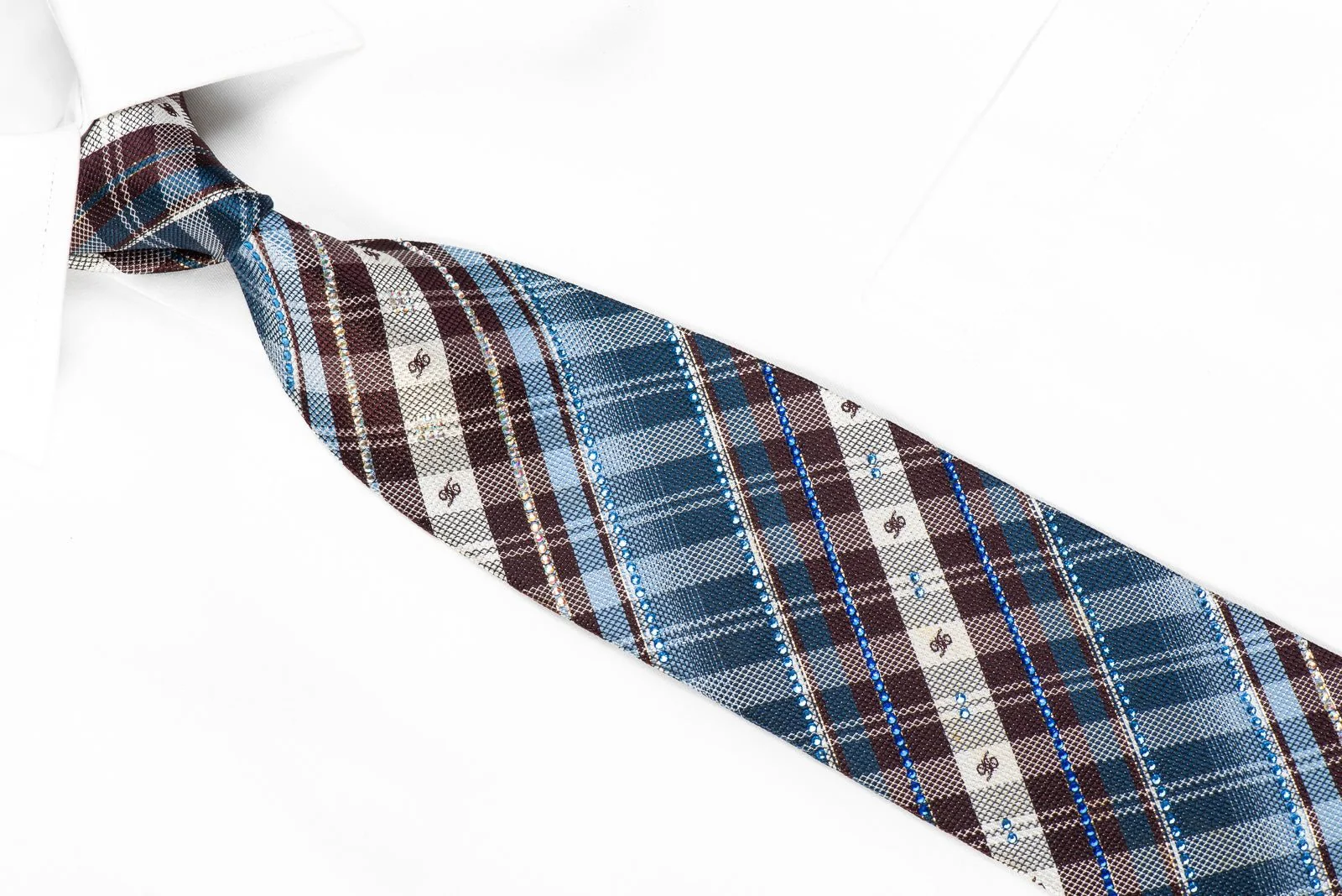 Daks Mens Crystal Rhinestone Silk Necktie Blue Brown White Plaid Design With Silver Sparkles - Image 2
