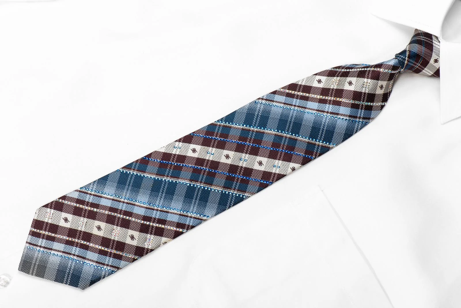 Daks Mens Crystal Rhinestone Silk Necktie Blue Brown White Plaid Design With Silver Sparkles - Image 3
