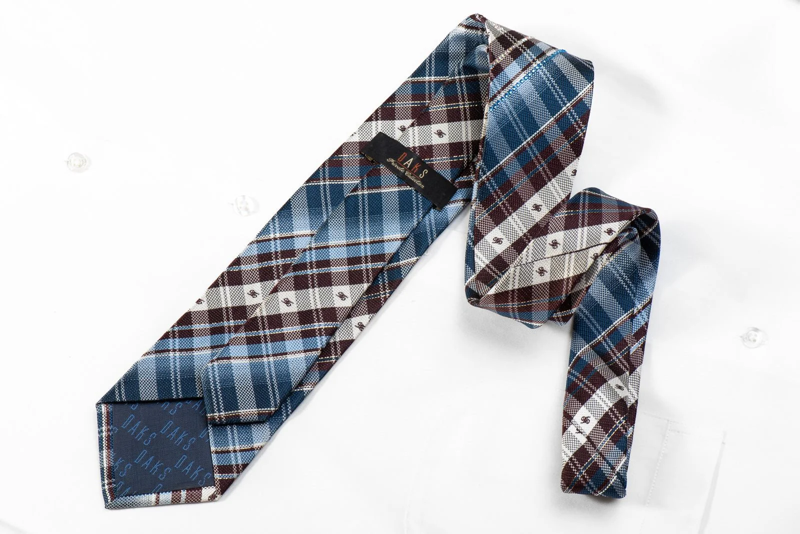 Daks Mens Crystal Rhinestone Silk Necktie Blue Brown White Plaid Design With Silver Sparkles - Image 4