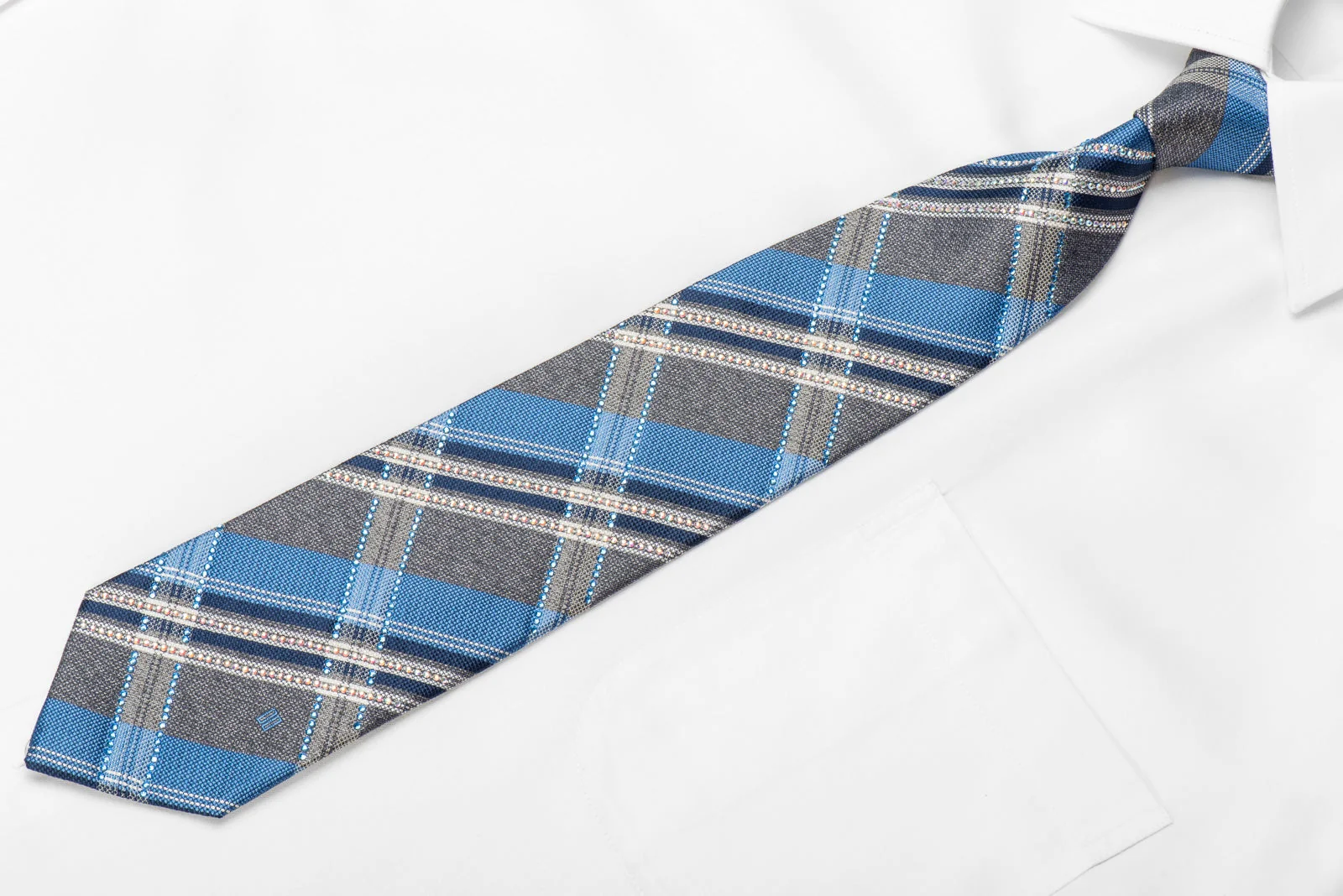 Daks Mens Crystal Silk Necktie Blue Gray White Plaid Sparkling With Rhinestones - Image 2
