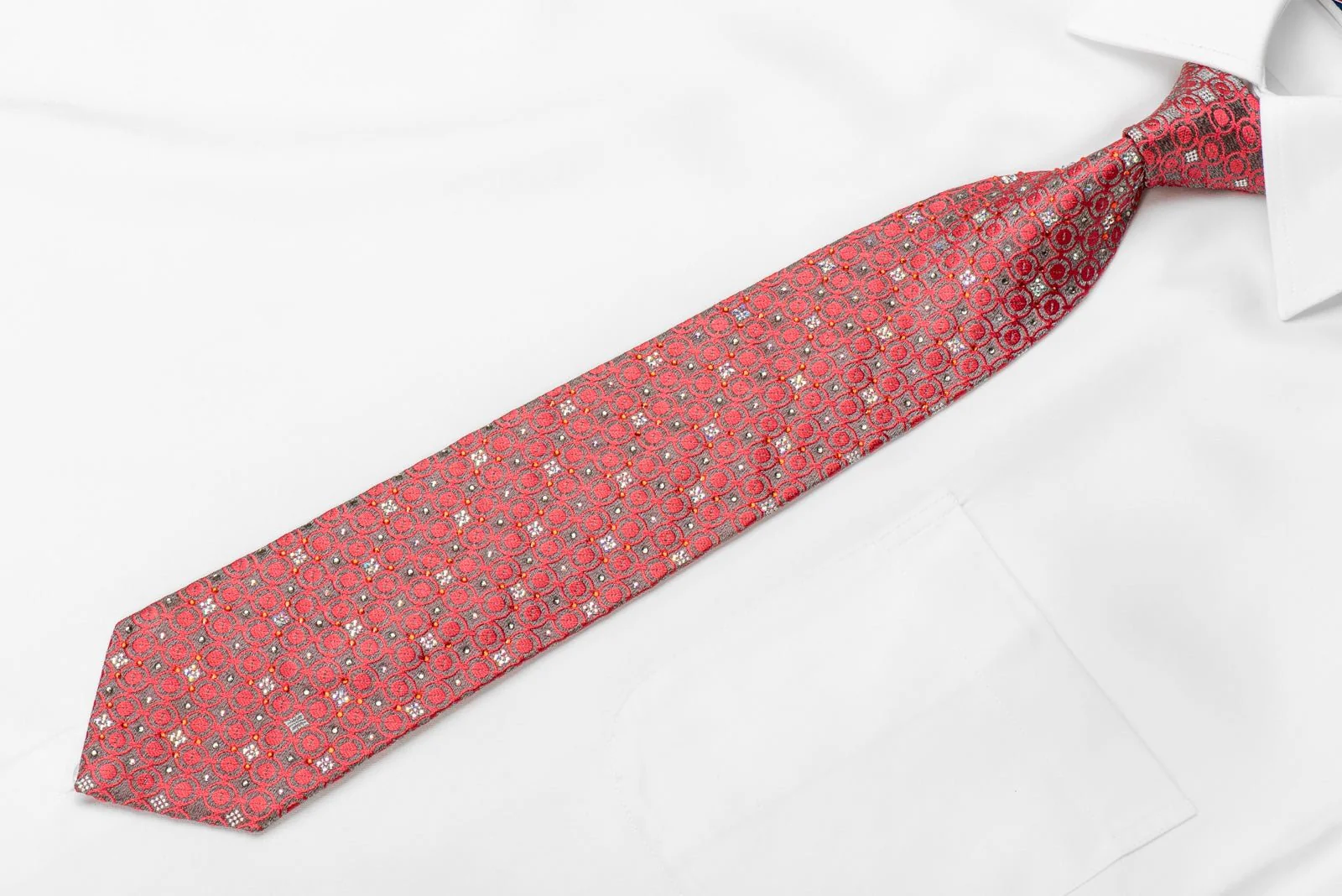 Daks Mens Crystal Silk Necktie Pink Geometric On Silver Sparkling With Rhinestones - Image 2