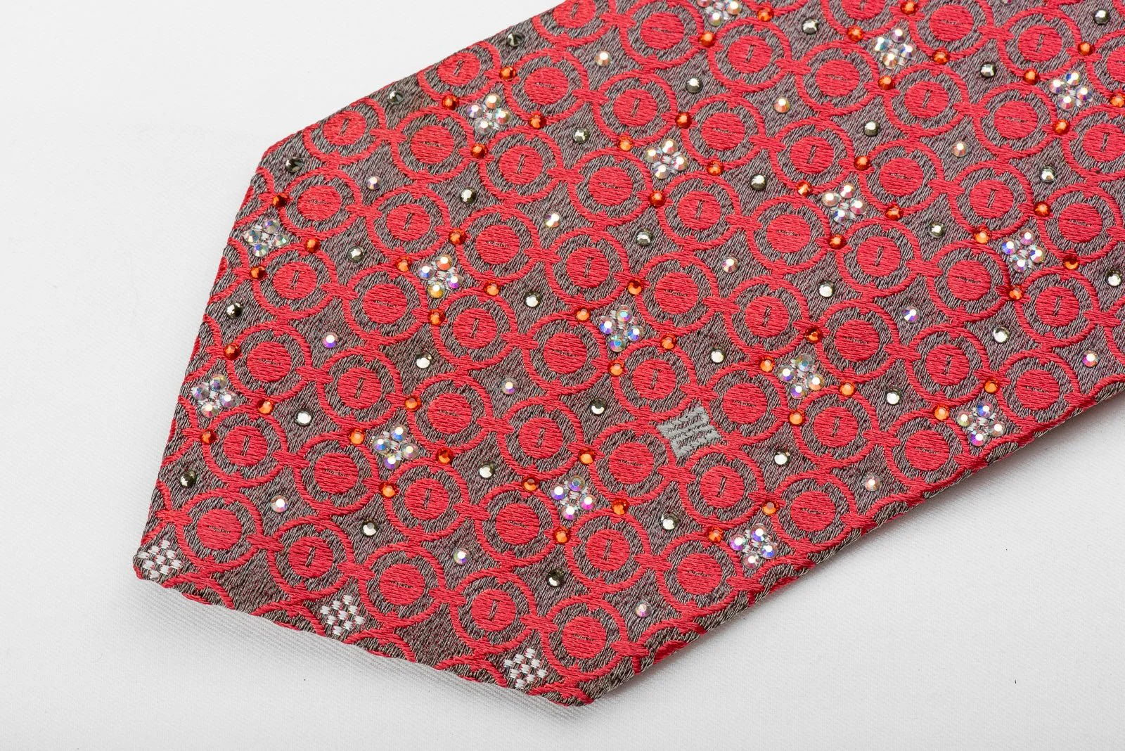 Daks Mens Crystal Silk Necktie Pink Geometric On Silver Sparkling With Rhinestones - Image 6