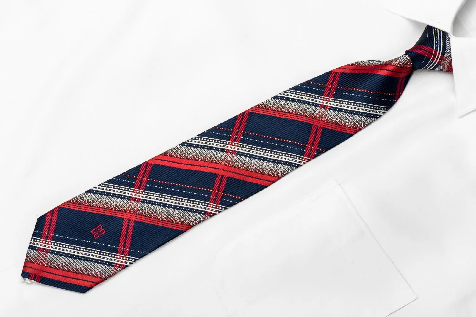 Daks Mens Crystal Silk Necktie Silver Red Striped On Blue With Silver Sparkles - Image 3