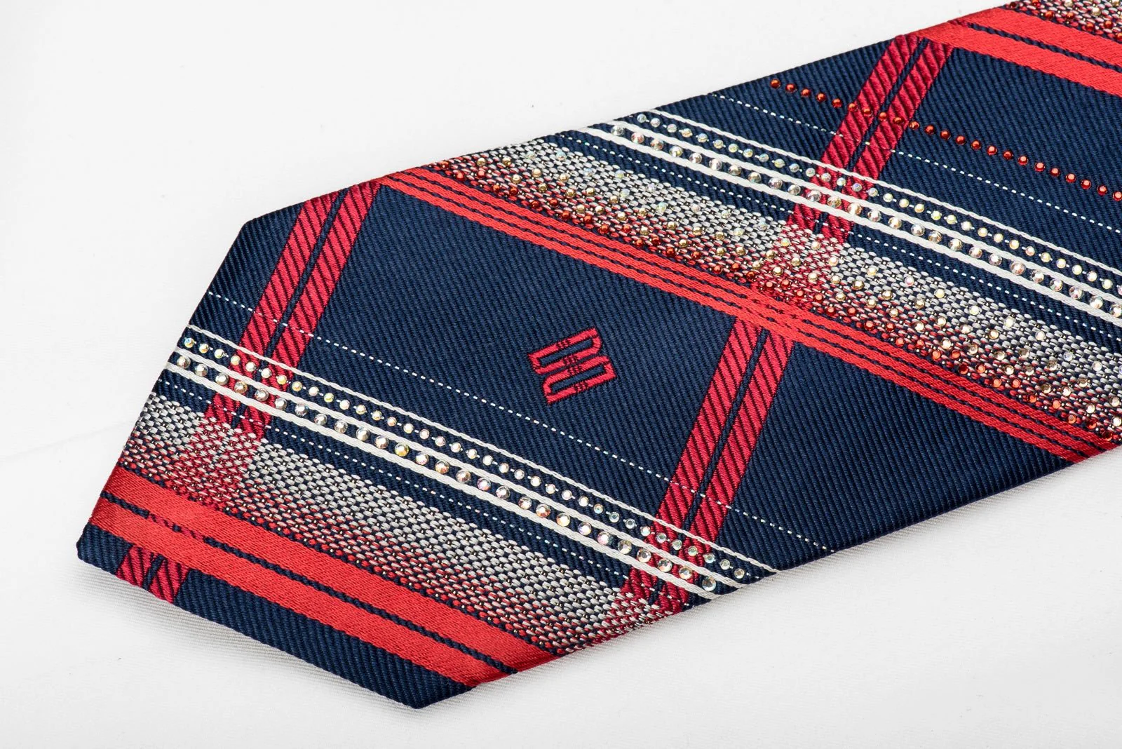 Daks Mens Crystal Silk Necktie Silver Red Striped On Blue With Silver Sparkles - Image 4