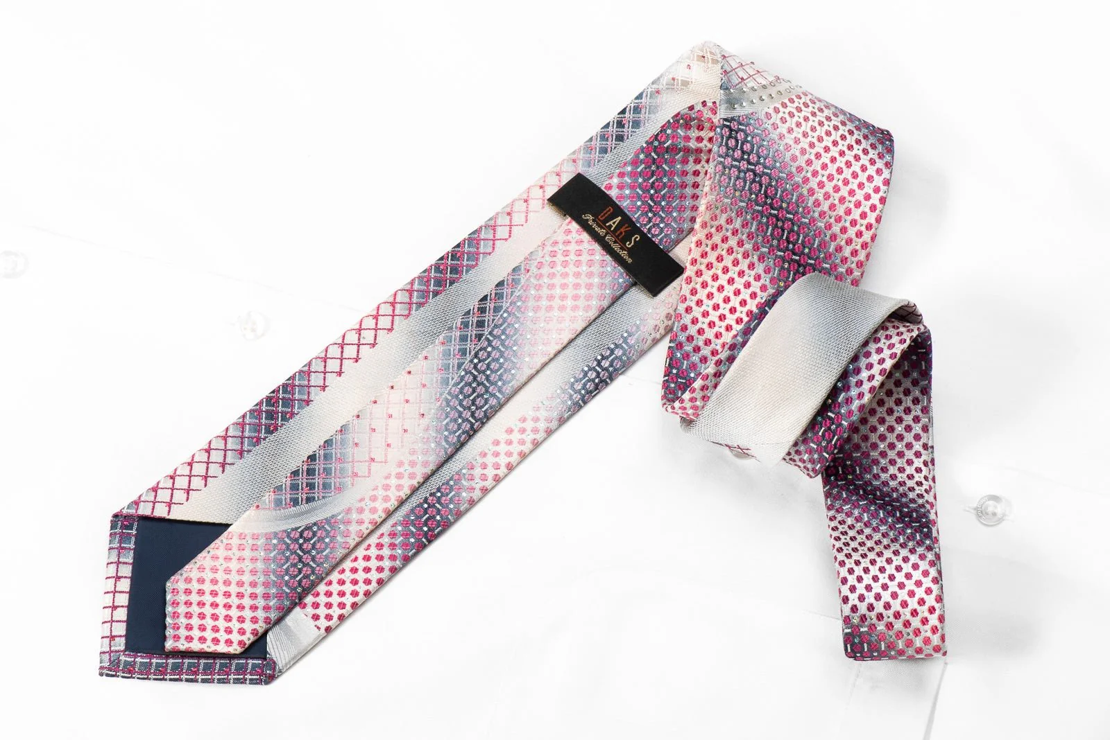 Daks Mens Crystal Silk Tie Purple Geometric & Waves On Silver With Sparkles - Image 4