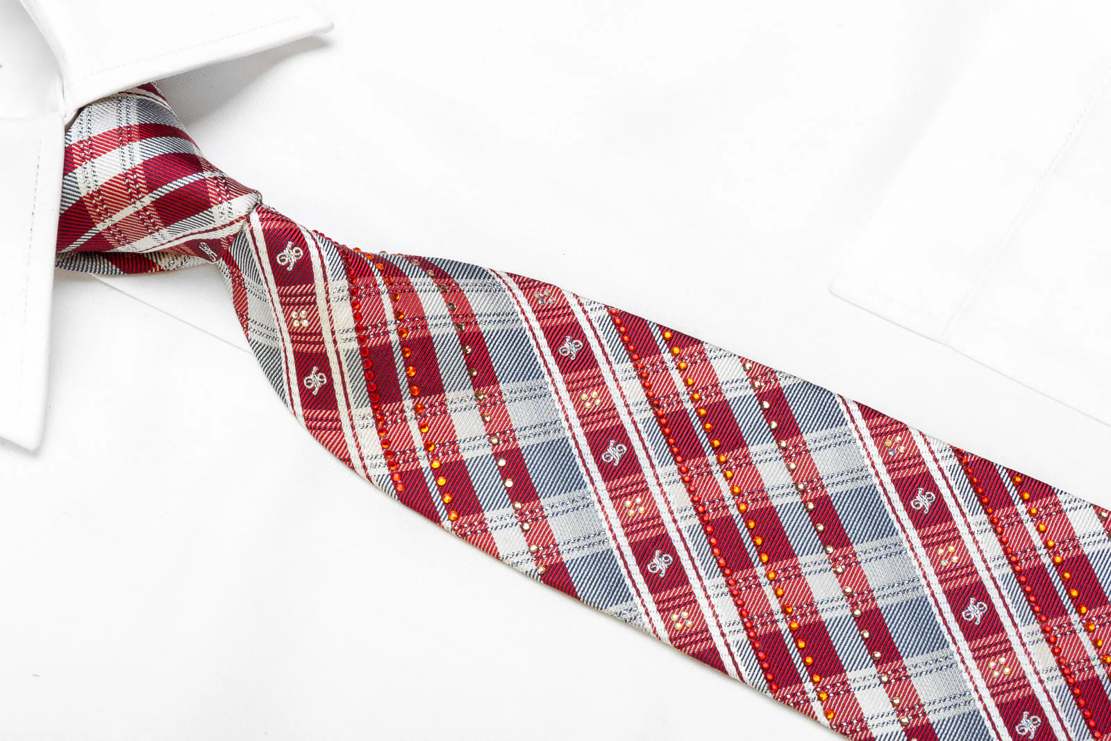 Daks Mens Rhinestone Silk Necktie Silver Burgundy Plaids With Silver Sparkles - Image 2