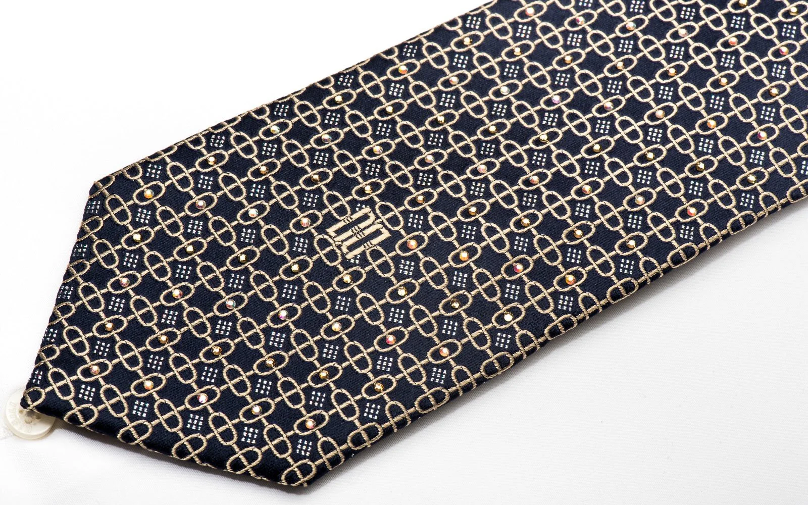 Silk Tie Gold Interlocking Chains On Navy Blue Sparkling With Rhinestones - Image 2
