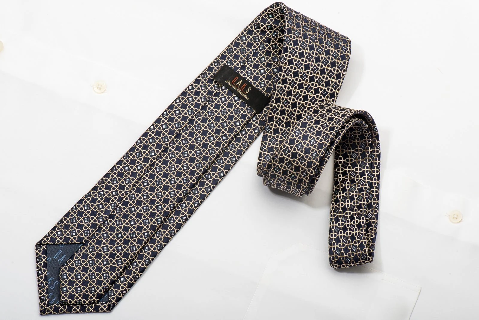 Silk Tie Gold Interlocking Chains On Navy Blue Sparkling With Rhinestones - Image 6
