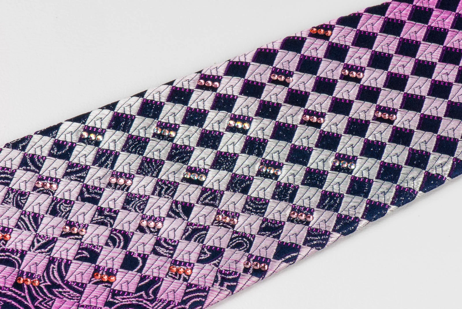 Daks Rhinestone Men's Silk Neck Tie Purple Paisley & Checker Design - Image 2