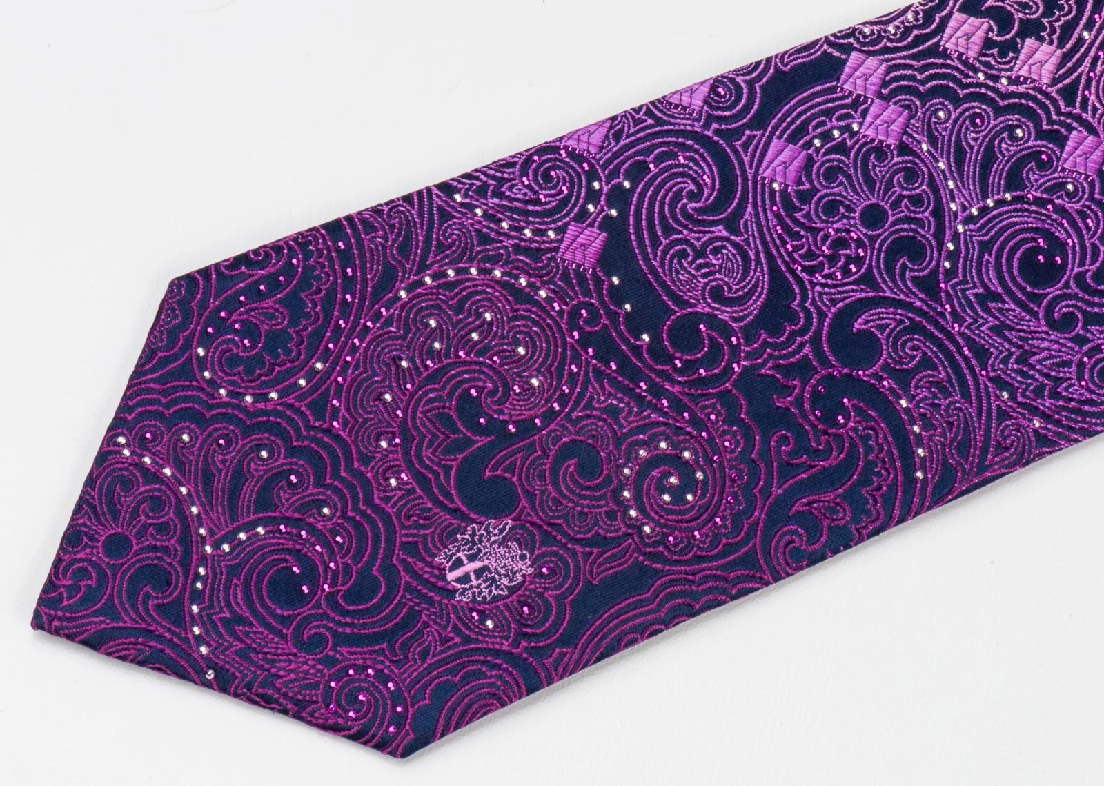 Daks Rhinestone Men's Silk Neck Tie Purple Paisley & Checker Design - Image 3