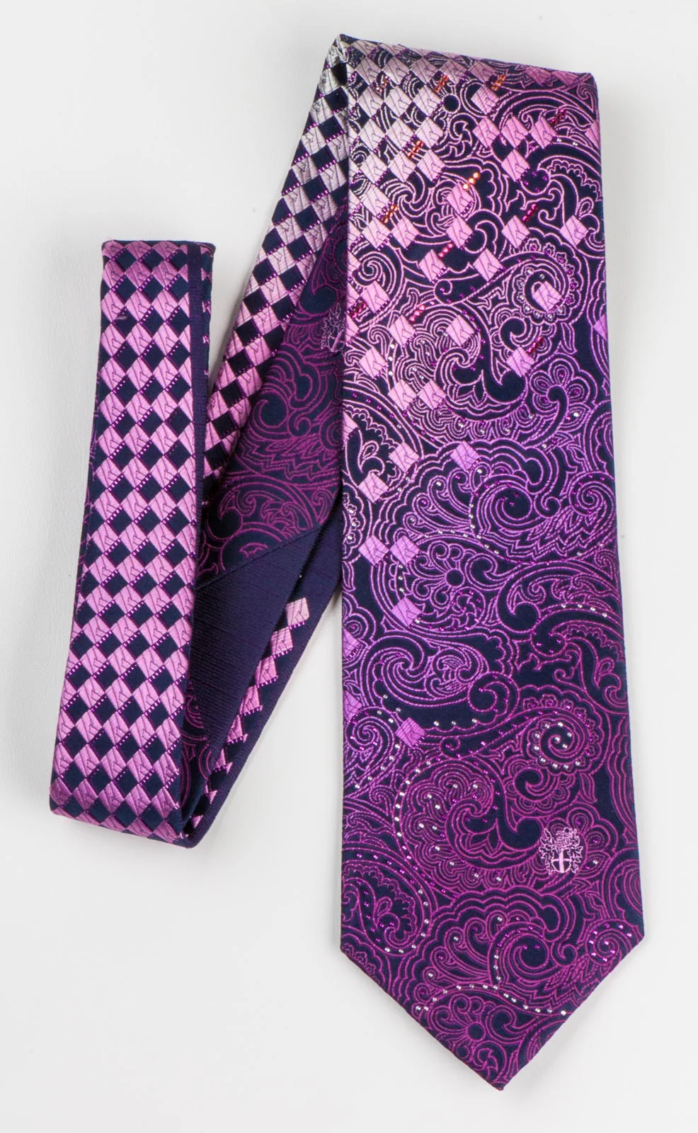 Daks Rhinestone Men's Silk Neck Tie Purple Paisley & Checker Design - Image 4