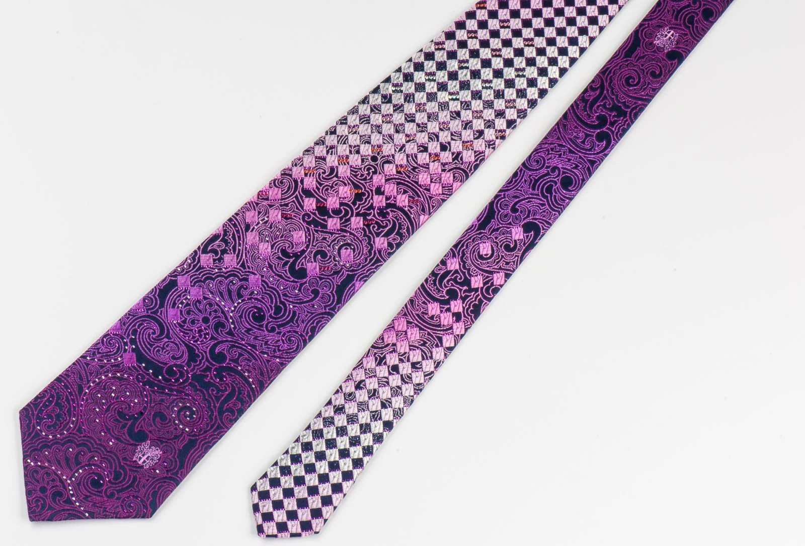 Daks Rhinestone Men's Silk Neck Tie Purple Paisley & Checker Design - Image 5