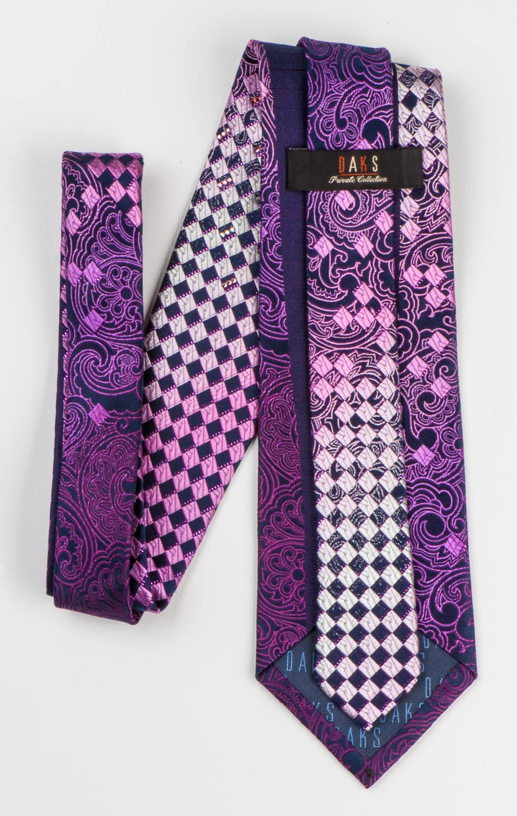 Daks Rhinestone Men's Silk Neck Tie Purple Paisley & Checker Design - Image 6