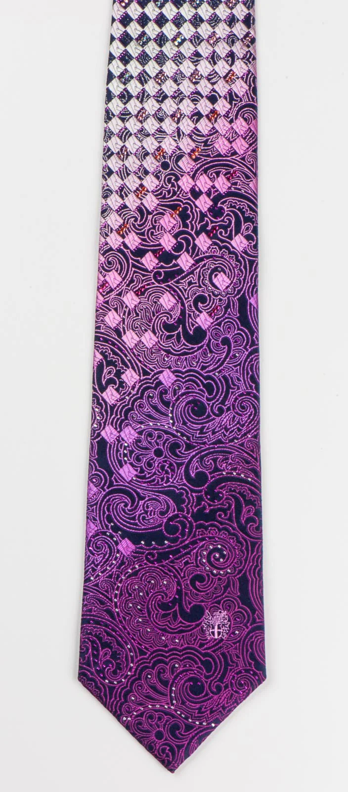 Daks Rhinestone Men's Silk Neck Tie Purple Paisley & Checker Design - Image 7