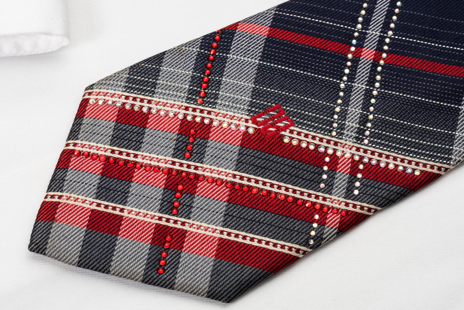 Daks Rhinestone Necktie Navy Red Plaids With Silver Sparkles - Image 3