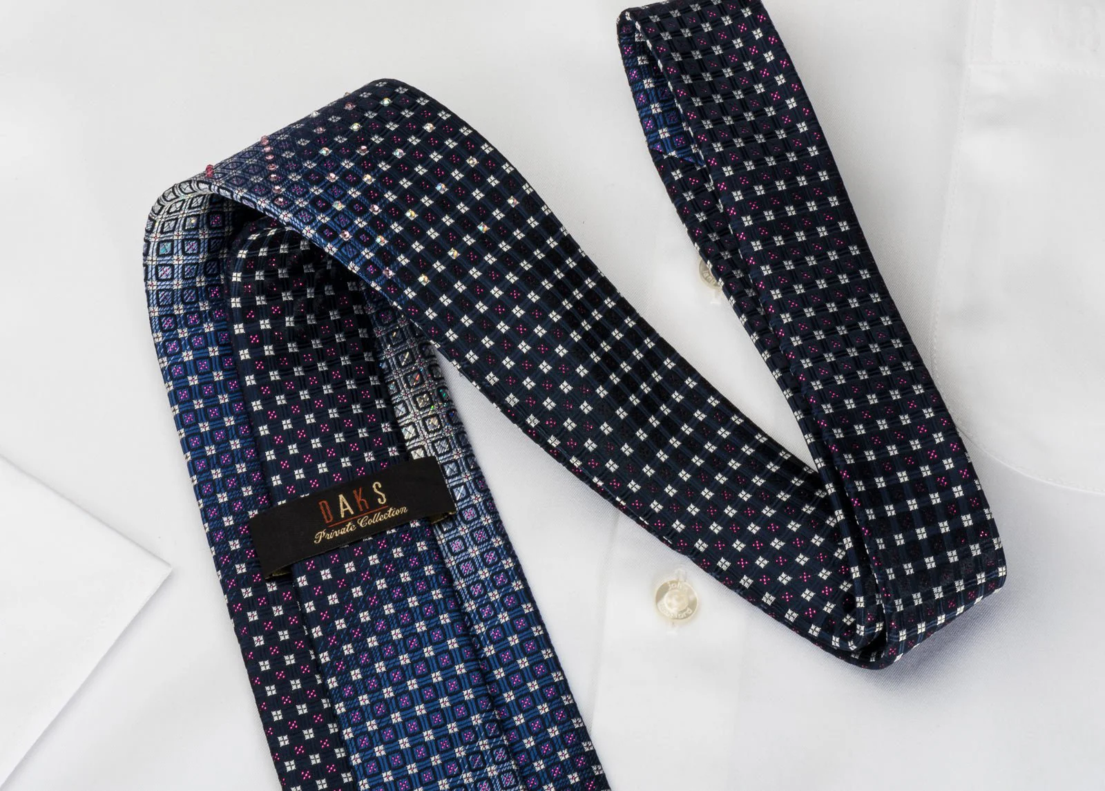 Geometric Checkered On Blue Rhinestone Necktie With Purple Sparkles - Image 6