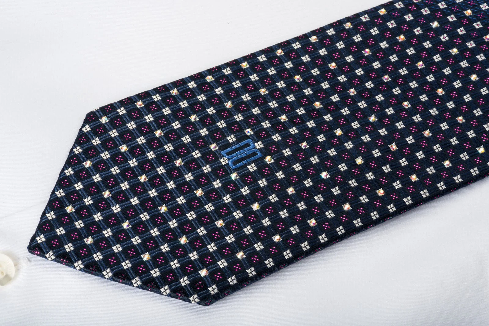 Geometric Checkered On Blue Rhinestone Necktie With Purple Sparkles - Image 7