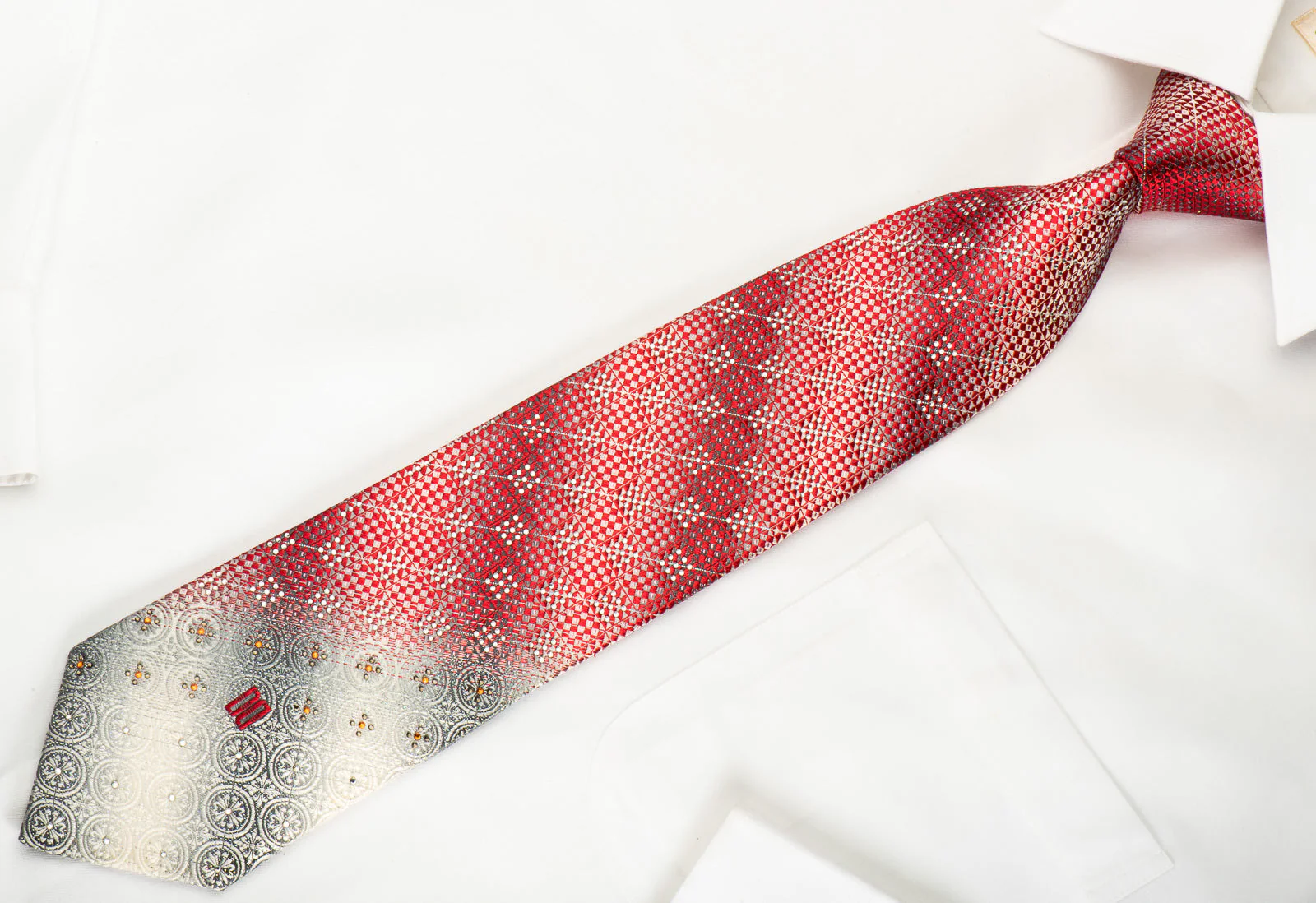 Daks Rhinestone Necktie Red Checker On Silver Medallions With Silver Sparkles - Image 3