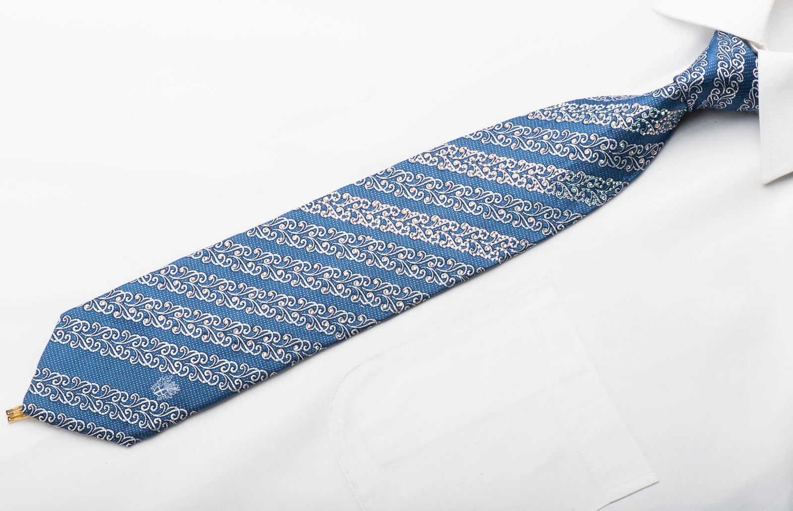 Daks Rhinestone Necktie Silver Cartouche Stripped On Blue Silk With Silver Sparkles - Image 3