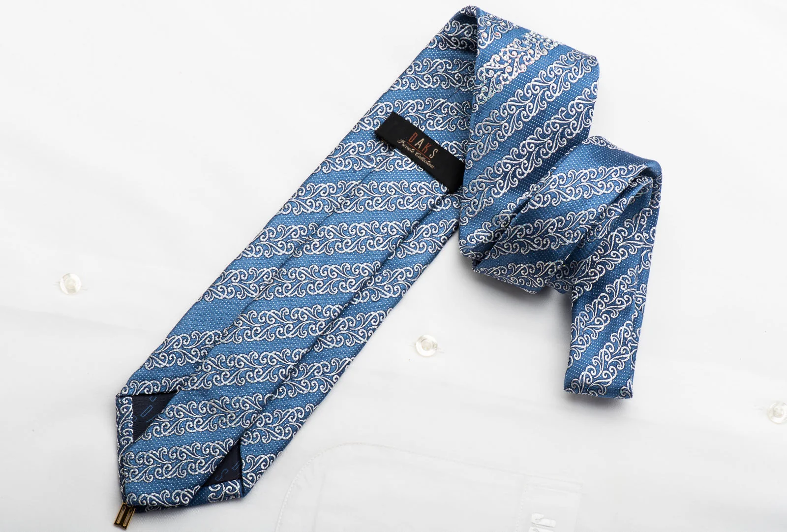 Daks Rhinestone Necktie Silver Cartouche Stripped On Blue Silk With Silver Sparkles - Image 5