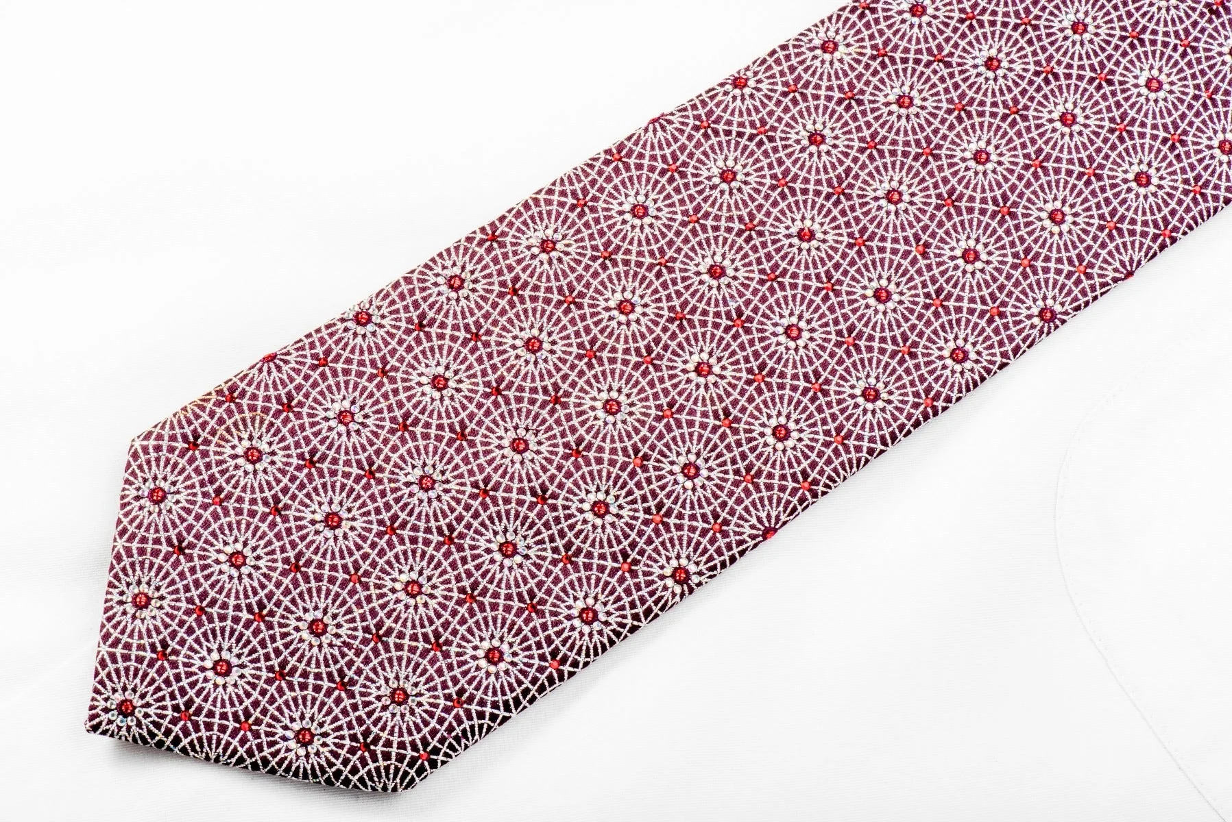 Mens Rhinestone Necktie Silver Trellis On Burgundy With Silver Sparkles - Image 3