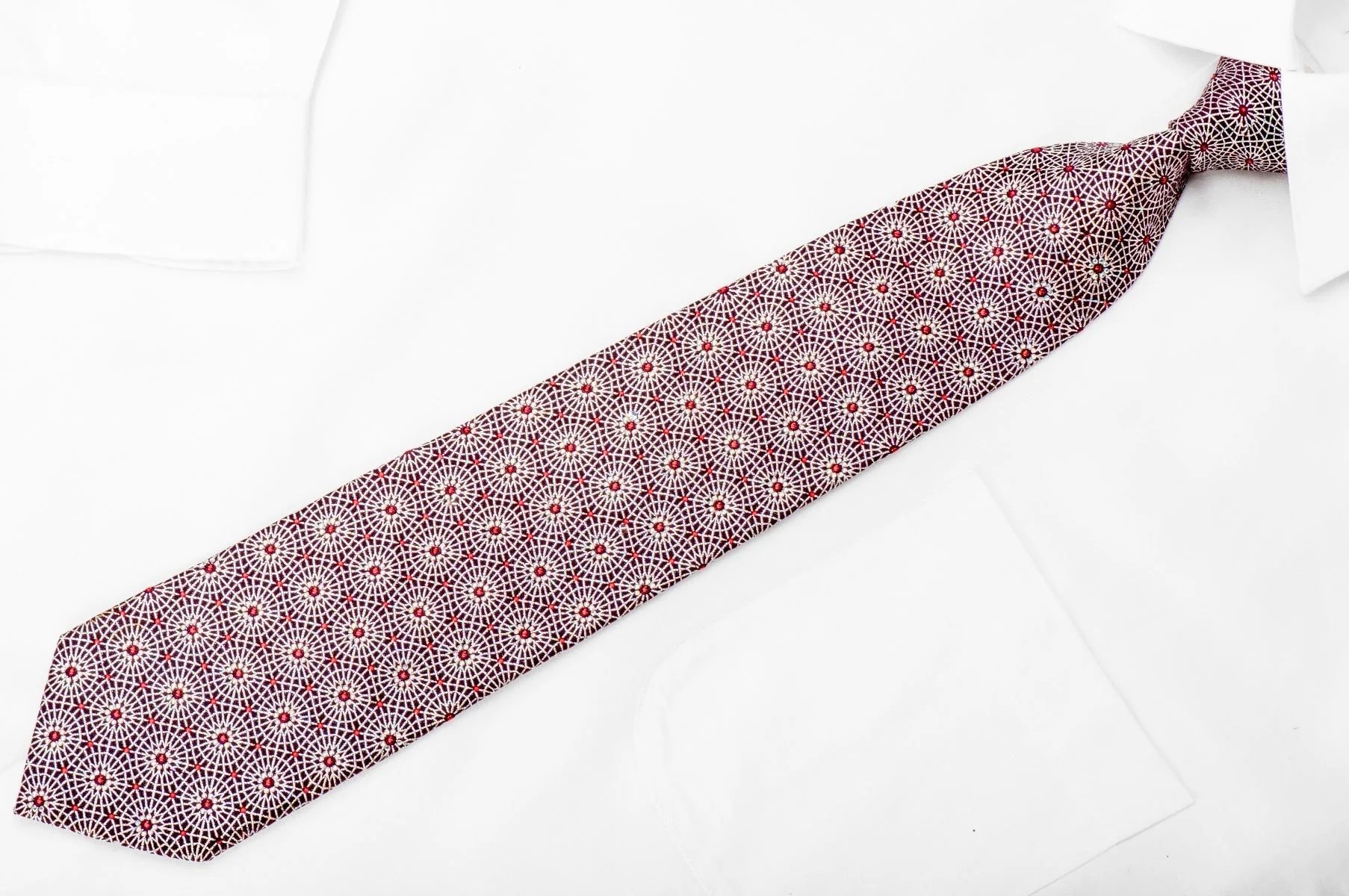 Mens Rhinestone Necktie Silver Trellis On Burgundy With Silver Sparkles - Image 4