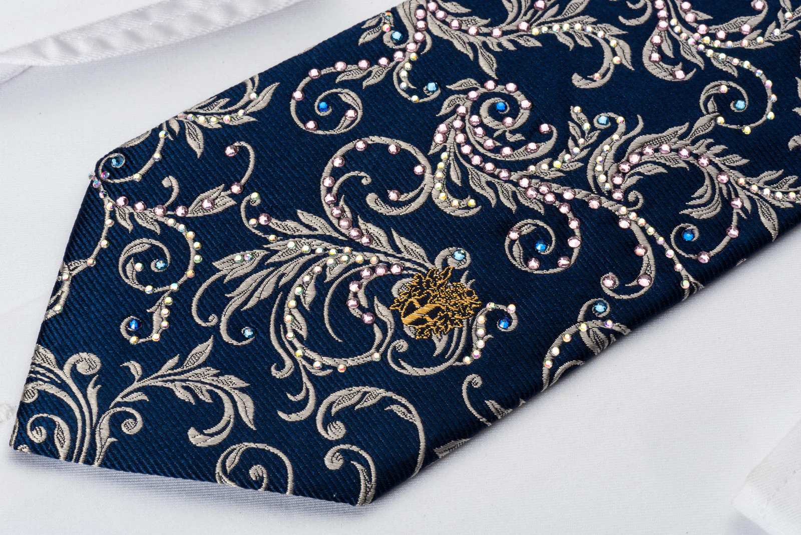 Daks Rhinestone Necktie Silver Vines On Blue Woven Silk - Image 3