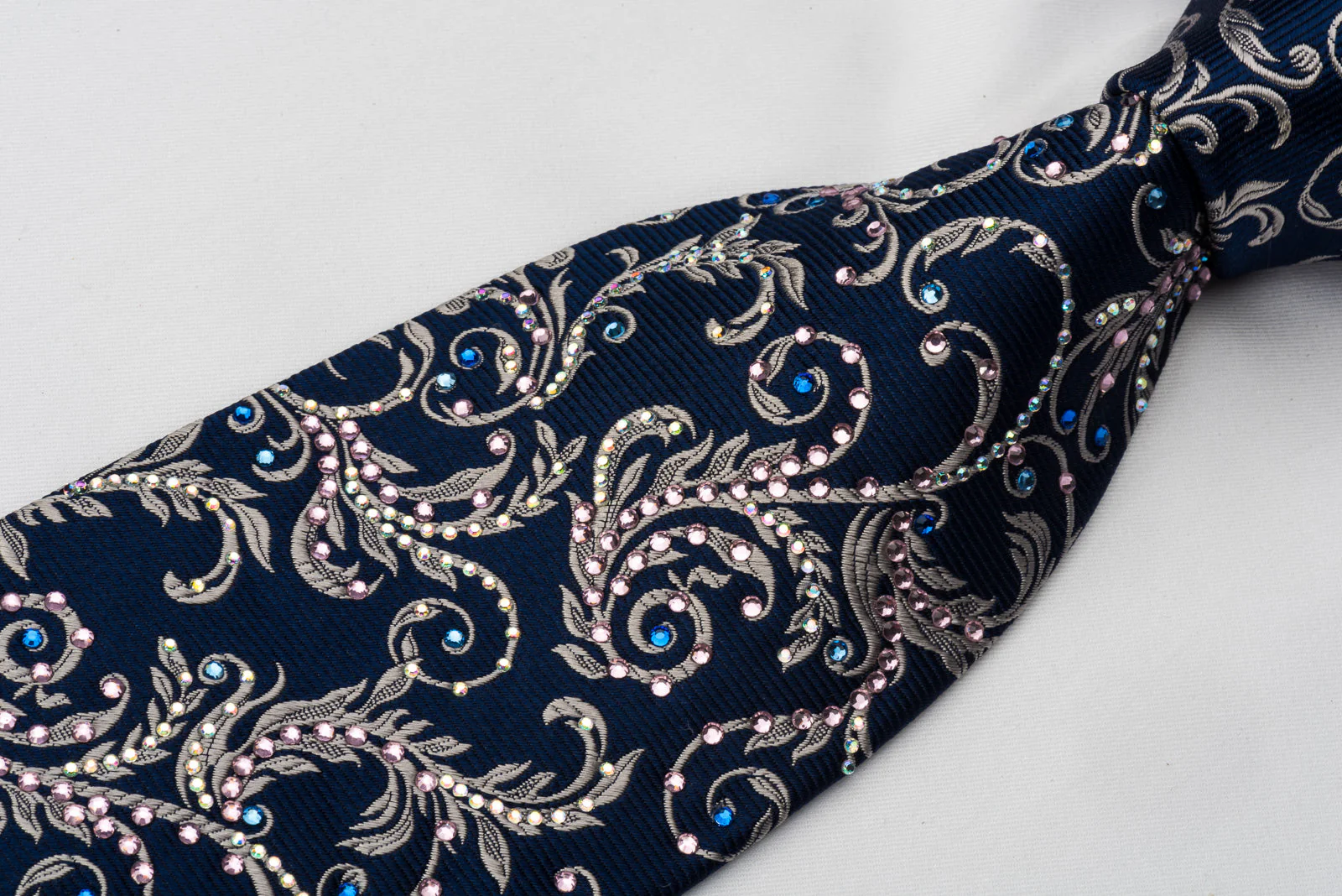 Daks Rhinestone Necktie Silver Vines On Blue Woven Silk - Image 4