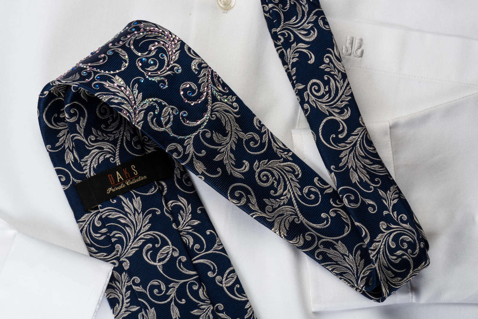 Daks Rhinestone Necktie Silver Vines On Blue Woven Silk - Image 6