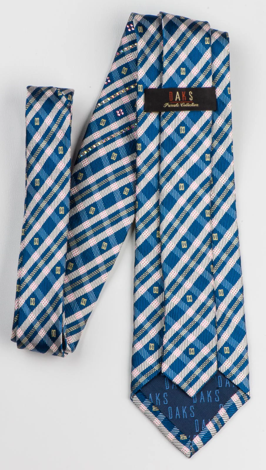 Daks Rhinestone Silk Neck Tie Blue Beige Stripes & Checks With Rhinestones - Image 5