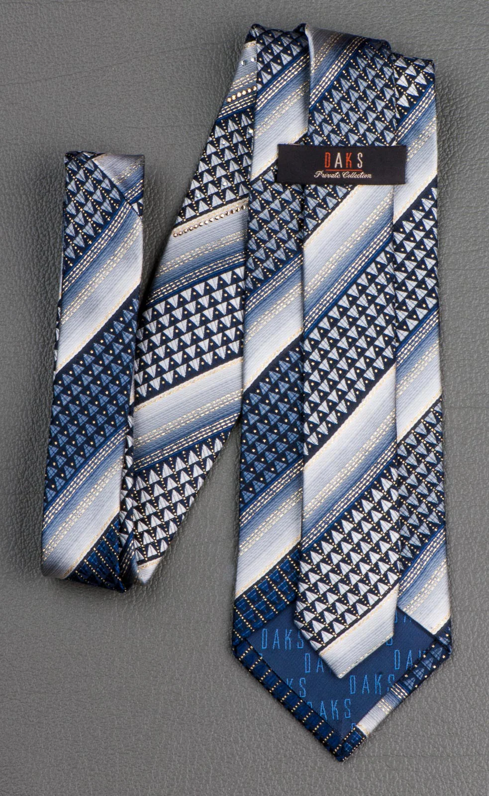 Daks Rhinestone Silk Neck Tie Gray & Black Stripes With Golden Highlights - Image 5