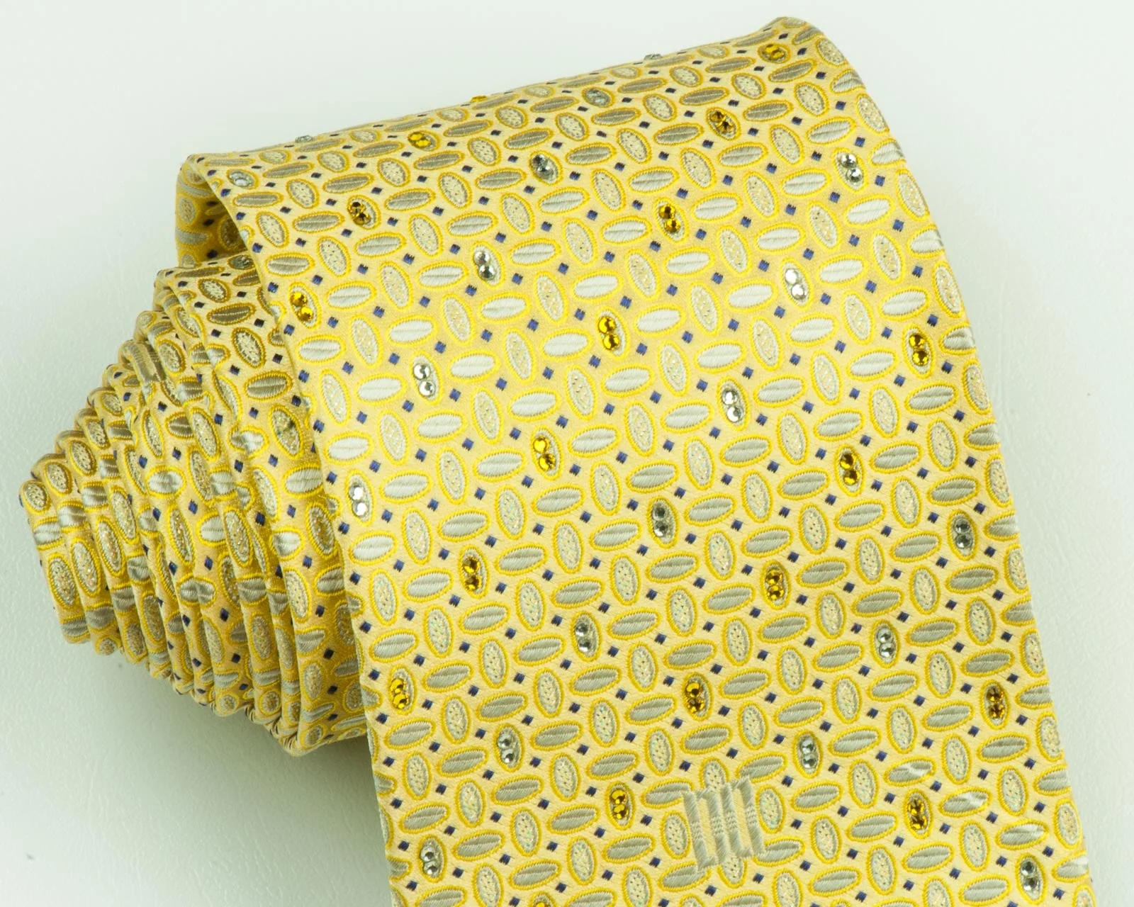 Daks Rhinestone Silk Neck Tie White Ovals On Lime Yellow With Silver Sparkles - Image 4