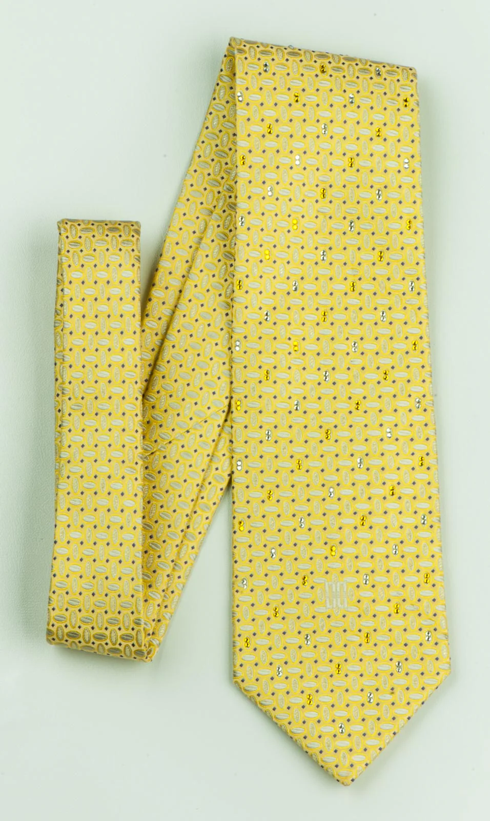 Daks Rhinestone Silk Neck Tie White Ovals On Lime Yellow With Silver Sparkles - Image 6