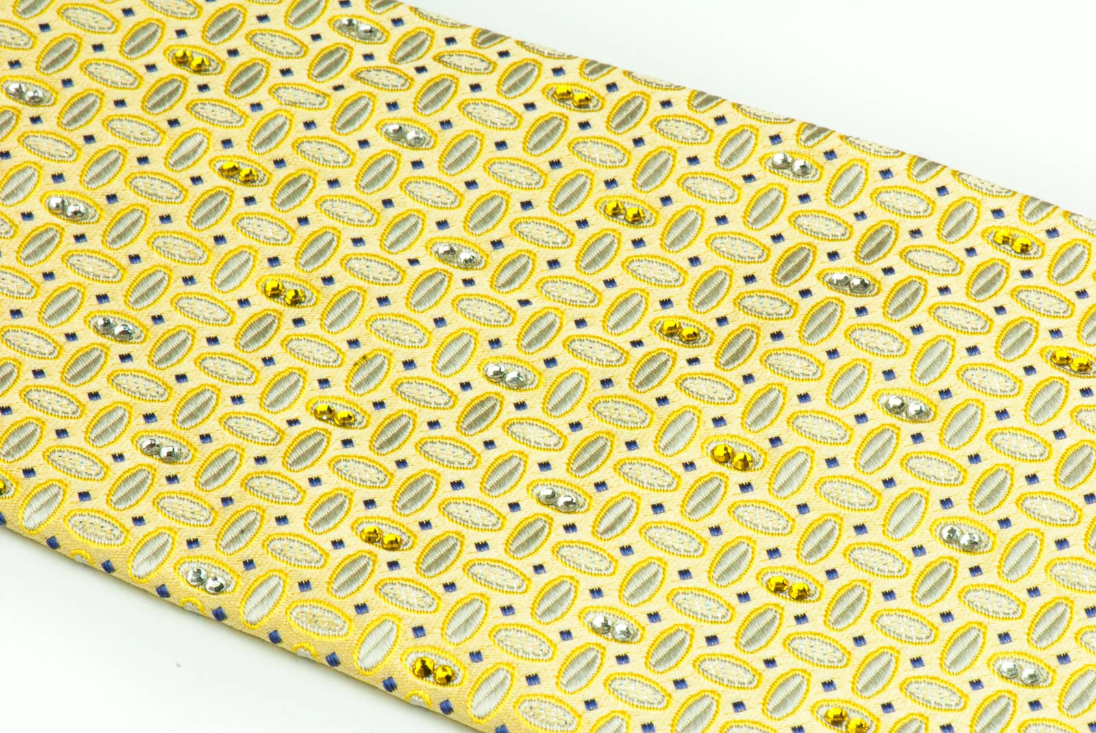 Daks Rhinestone Silk Neck Tie White Ovals On Lime Yellow With Silver Sparkles - Image 7