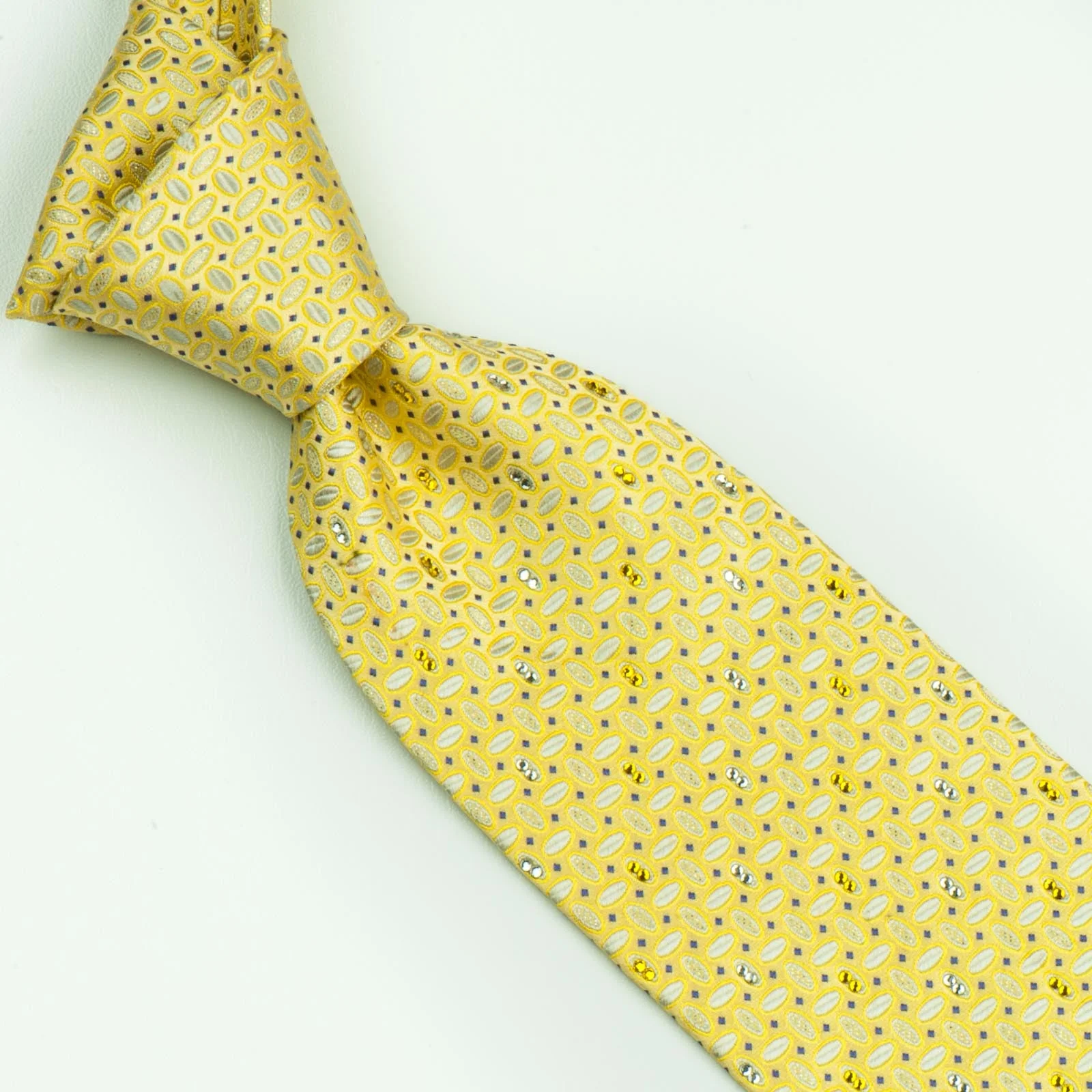 Daks Rhinestone Silk Neck Tie White Ovals On Lime Yellow With Silver Sparkles - Image 9