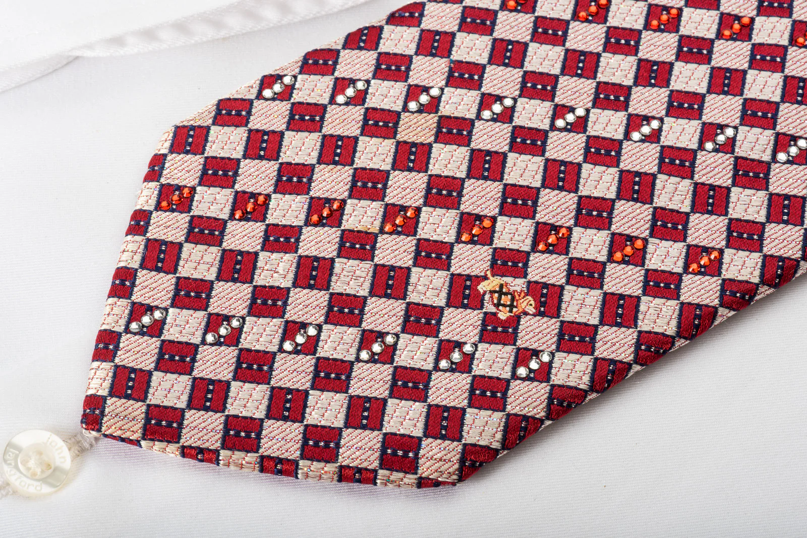 Rhinestone Silk Necktie Burgundy Silver Checkered With Silver Sparkles - Image 6
