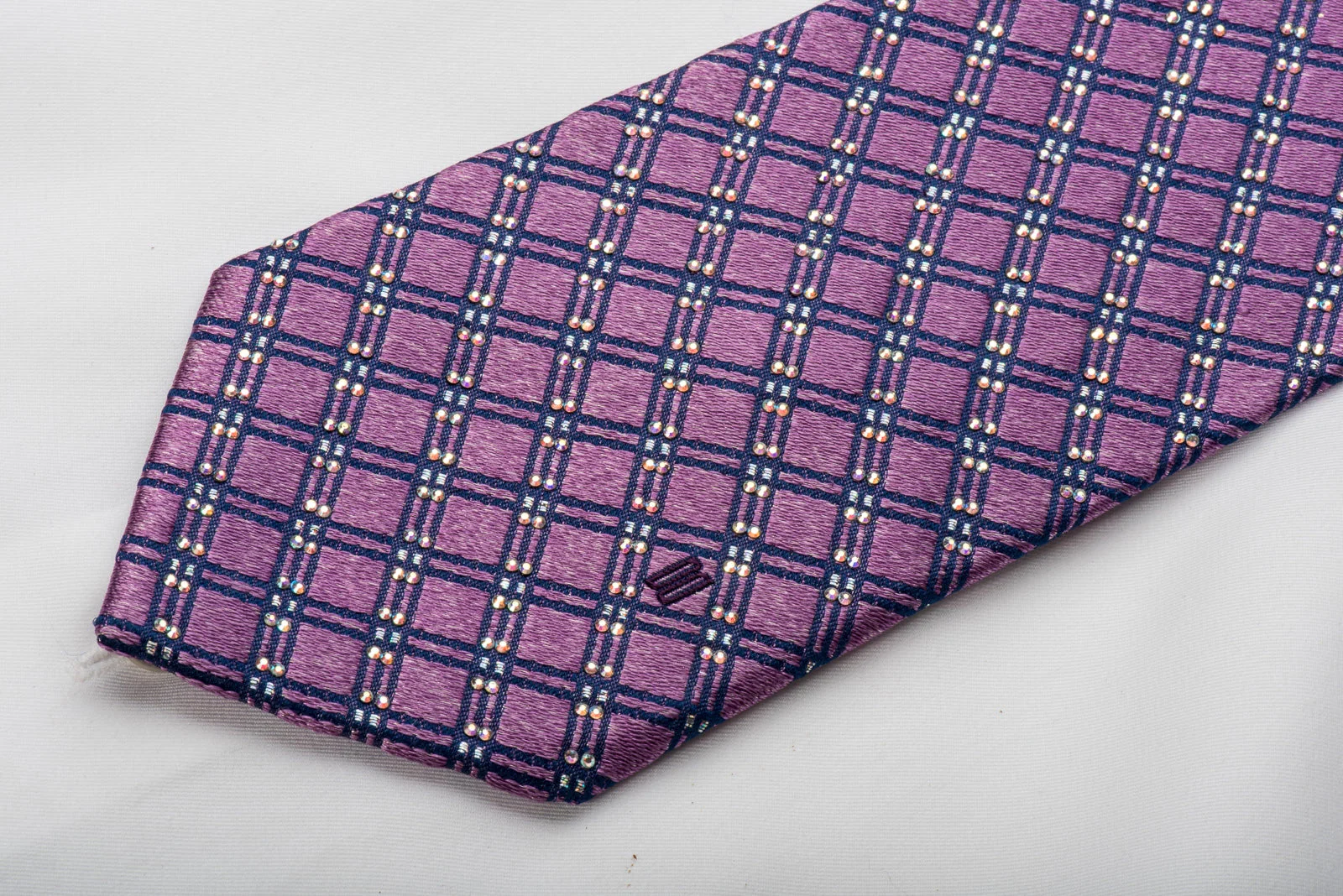 Daks Rhinestone Silk Necktie Blue Mauve Checkered With Silver Sparkles - Image 3