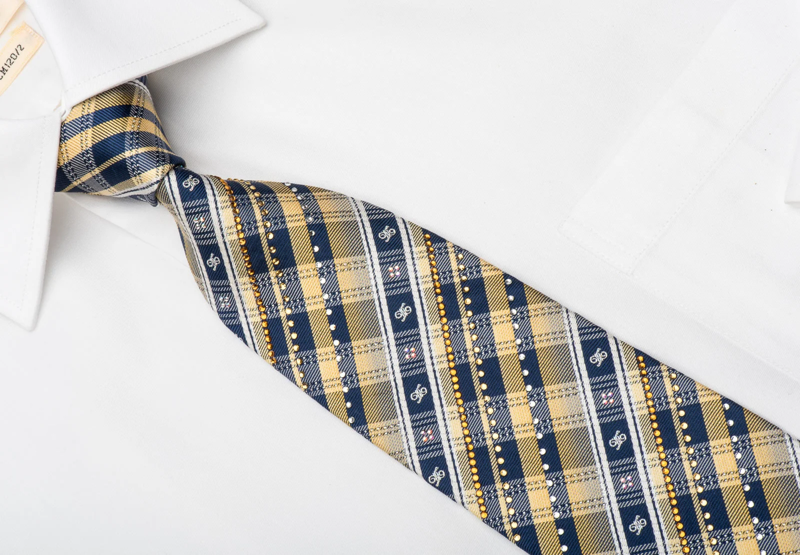 Daks Rhinestone Silk Necktie Blue Yellow Plaids With Silver Sparkles - Image 2