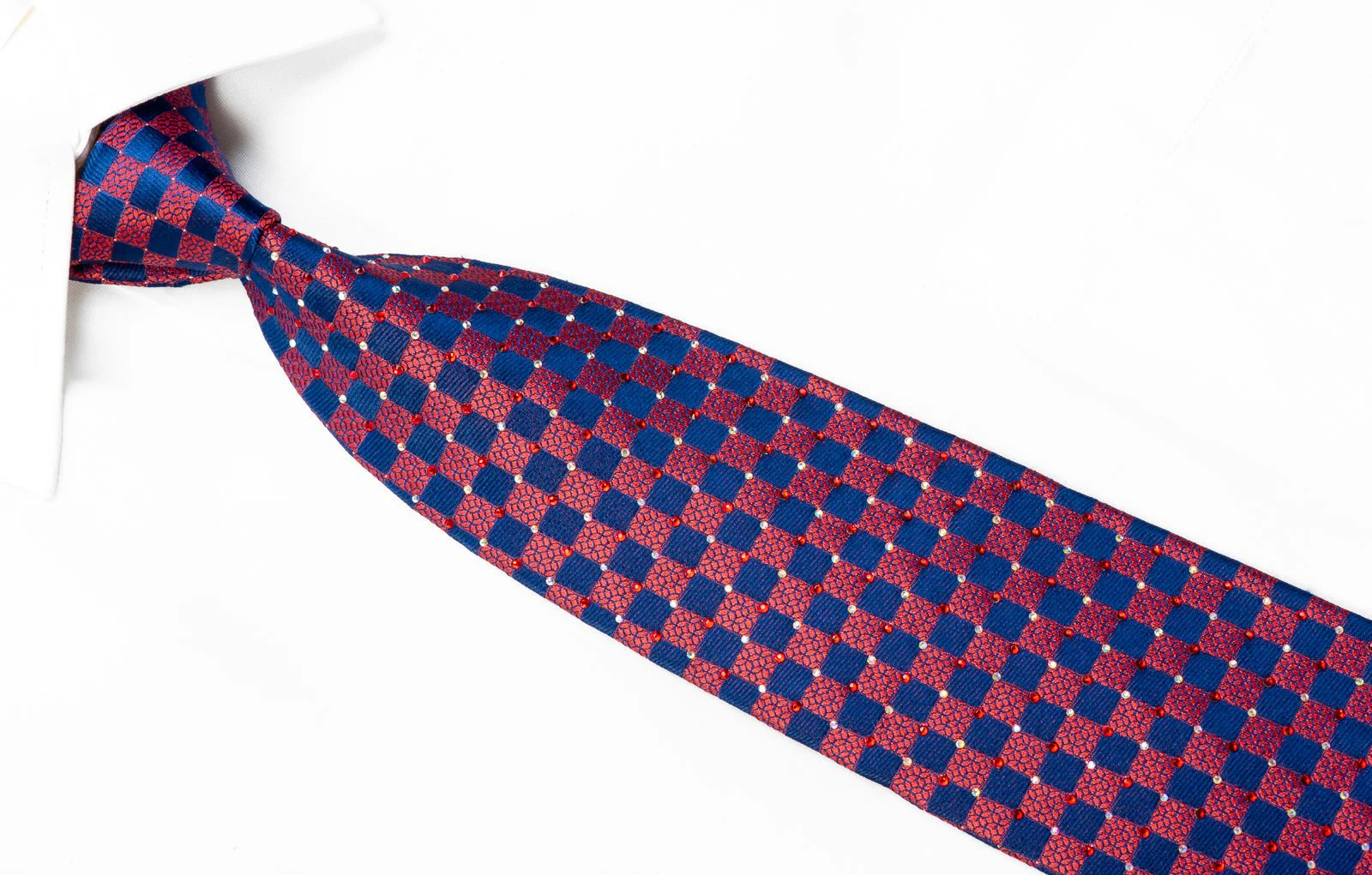 Daks Burgundy & Blue Checkered Rhinestone Silk Necktie - Image 2