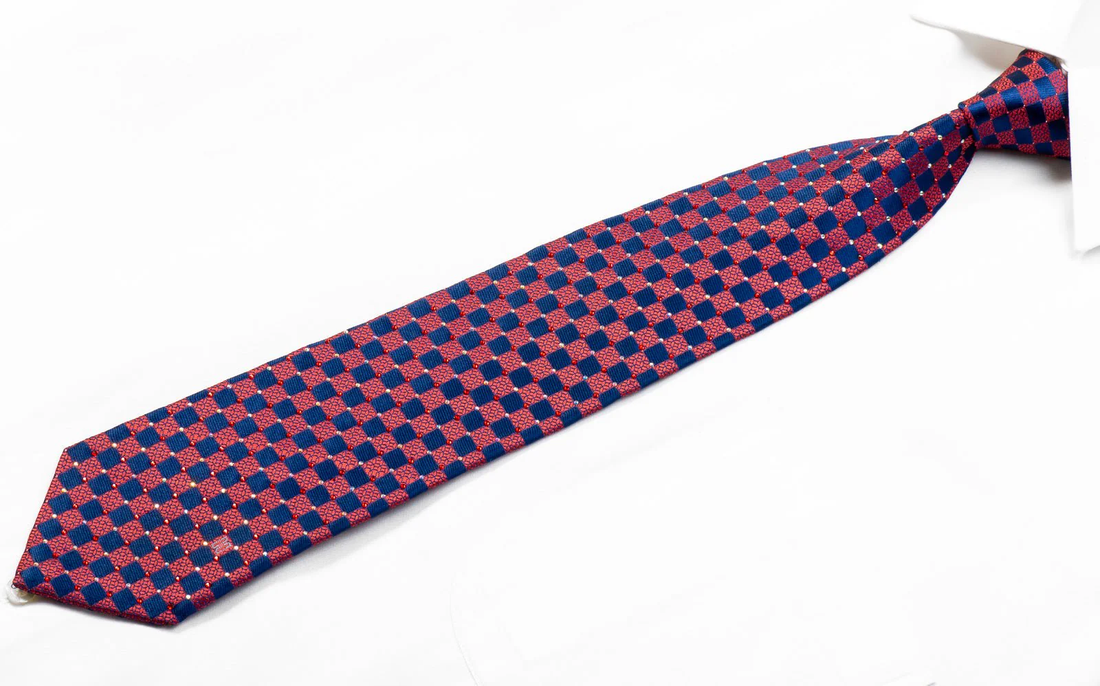 Daks Burgundy & Blue Checkered Rhinestone Silk Necktie - Image 4