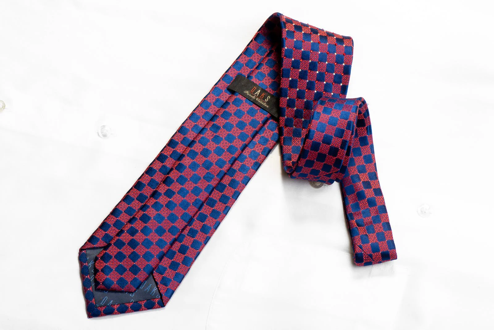 Daks Burgundy & Blue Checkered Rhinestone Silk Necktie - Image 5