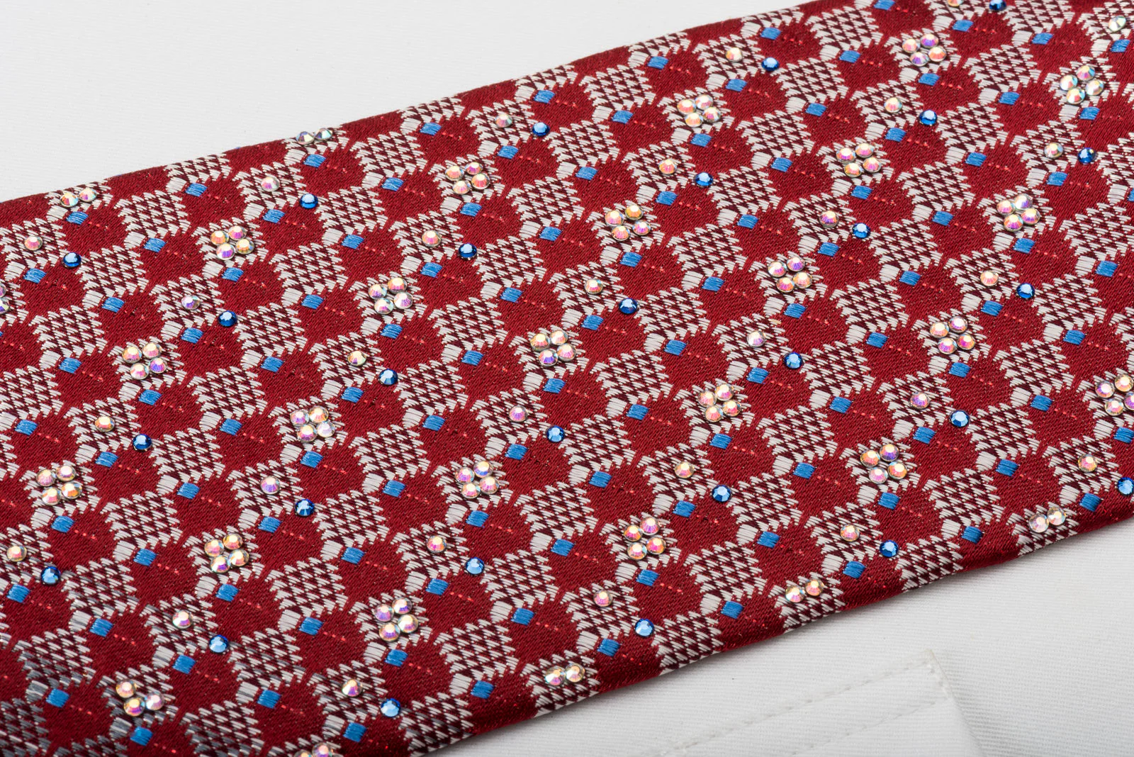 Daks Rhinestone Silk Necktie Checkered On Burgundy With Red Sparkles - Image 4