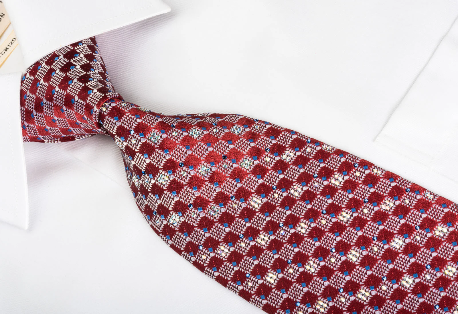 Daks Rhinestone Silk Necktie Checkered On Burgundy With Red Sparkles - Image 5