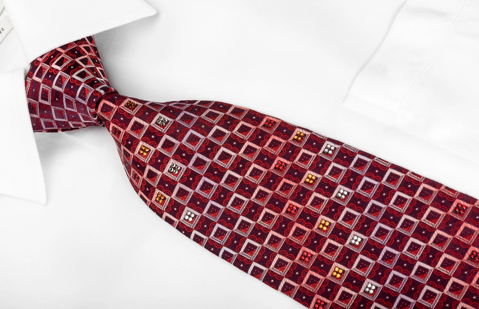 Daks Rhinestone Silk Necktie Geometric Checkered On Burgundy With Red Sparkles - Image 2